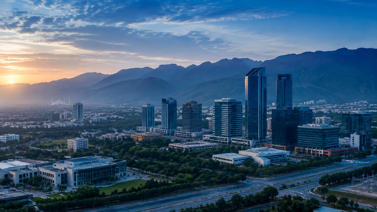 Islamabad business district with the Margalla Hills