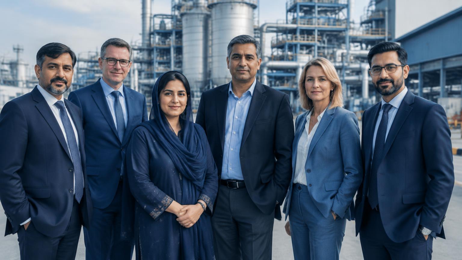 International and Pakistani business partners at an industrial facility