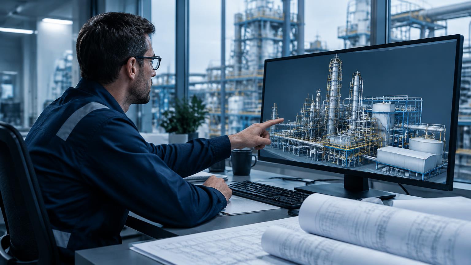 Engineer reviewing a digital industrial plant model