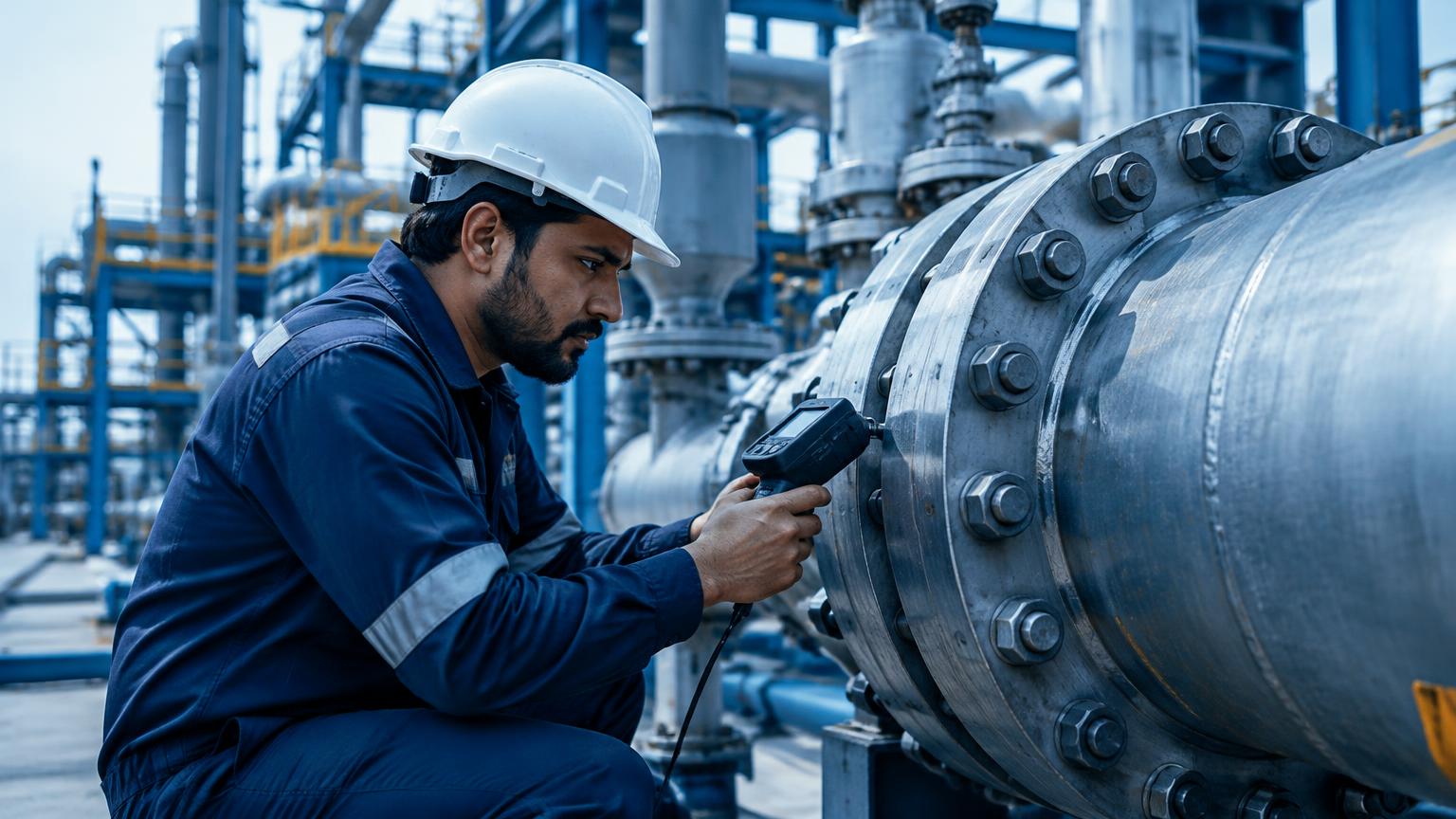 Industrial technician inspecting a steel pipe flange